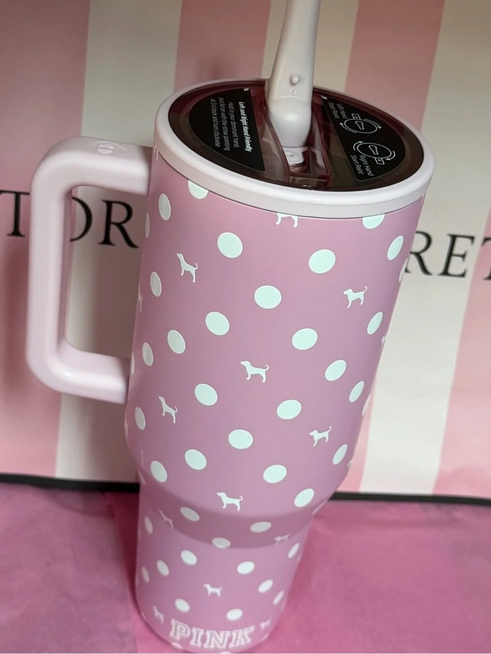 PINK Victoria's Secret Pink Polka Dot Travel Tumbler with Handle and Straw